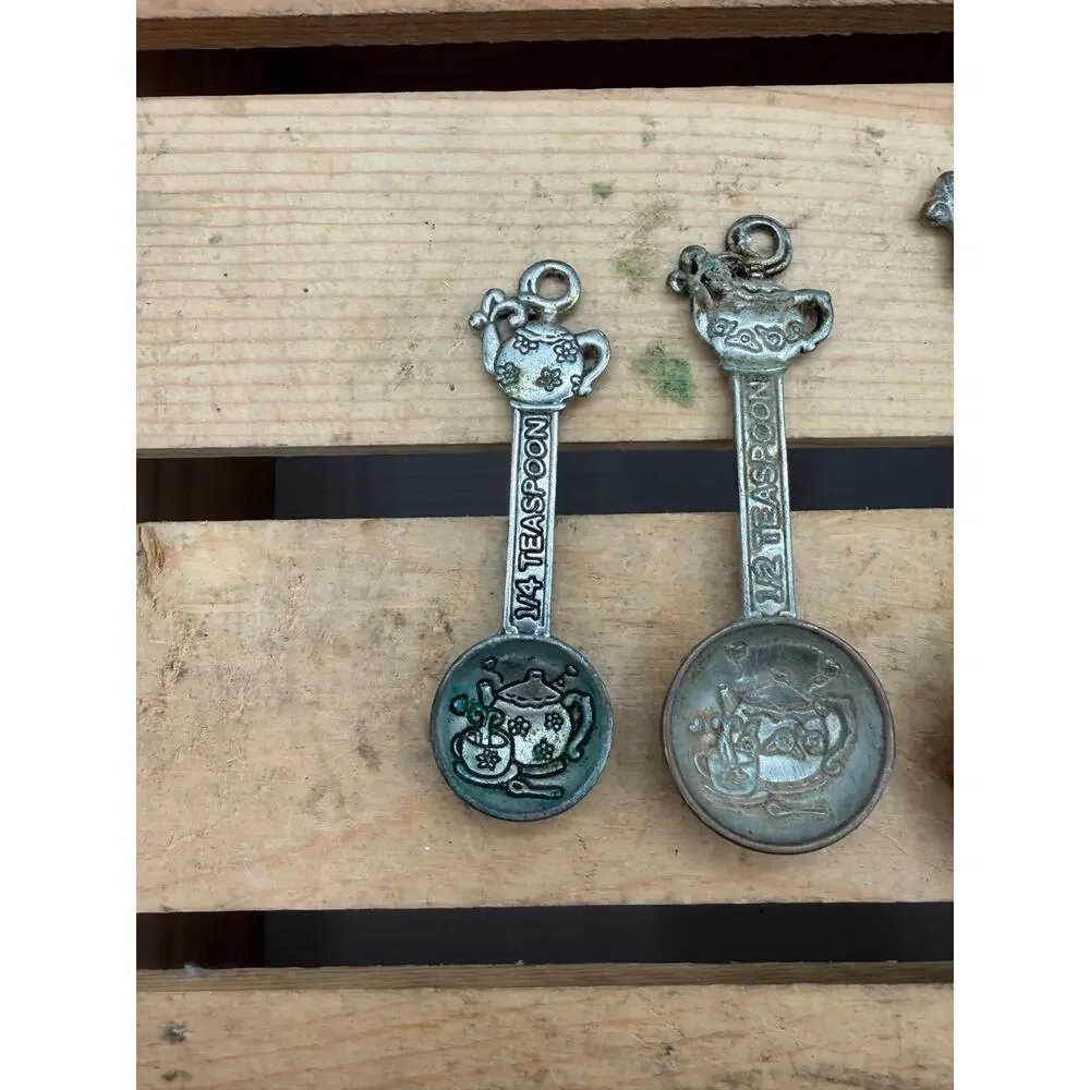 Vintage Pewter & Copper Tone Teapot Measuring Spoons - (Set of 4)